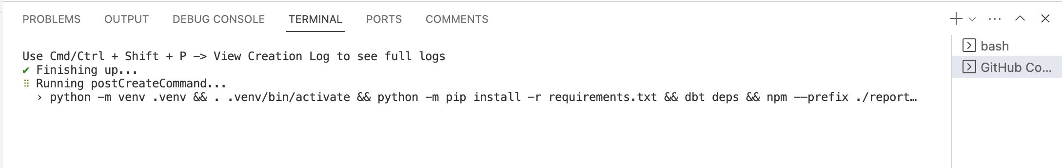 Wait for postCreateCommand to complete Wait for postCreateCommand to complete